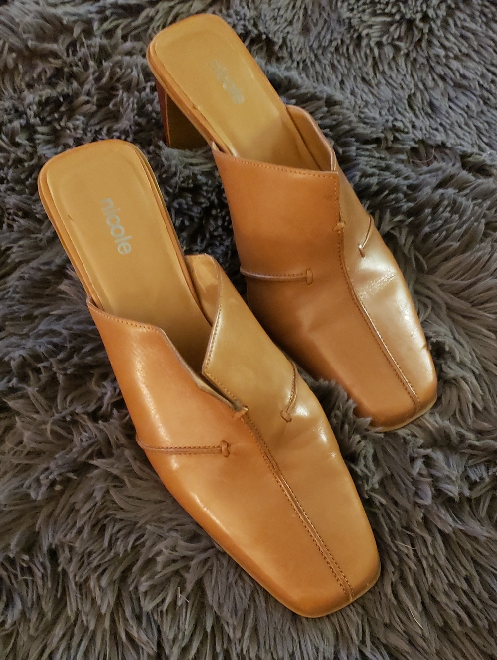 Nicole Women’s Cognac Leather Slip-On Mule Heels
